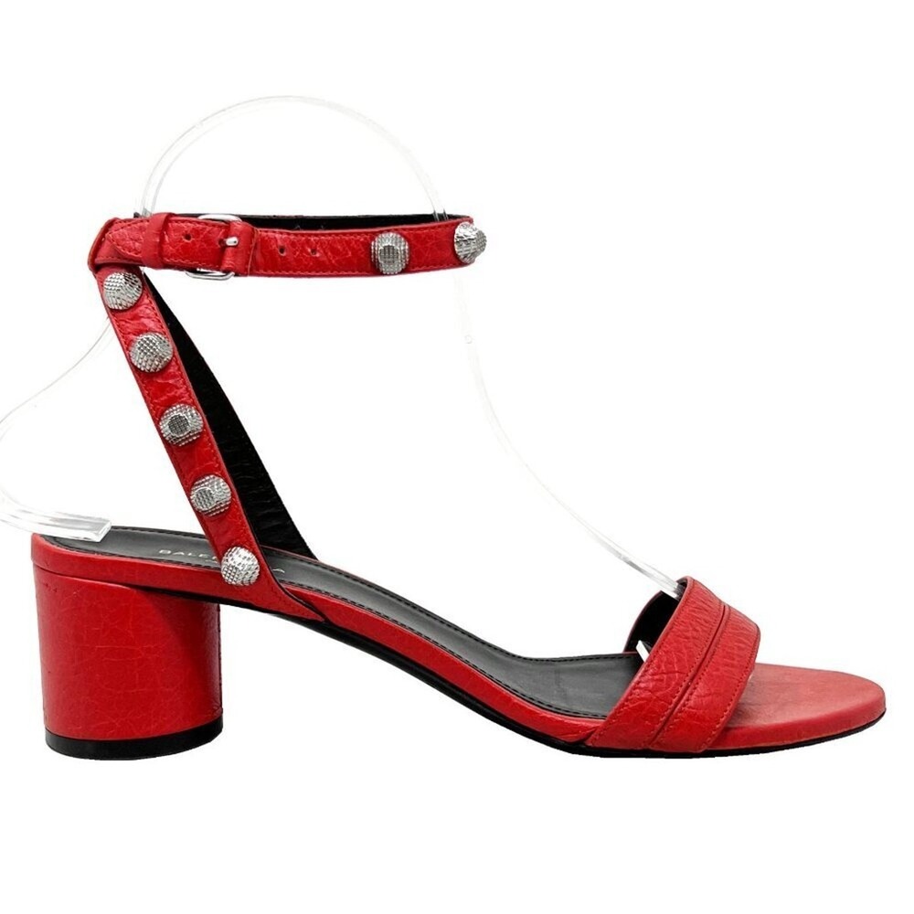 Balenciaga Red Leather Studded Sandals Silver Heel Shoes 37 - Picture 3 of 9